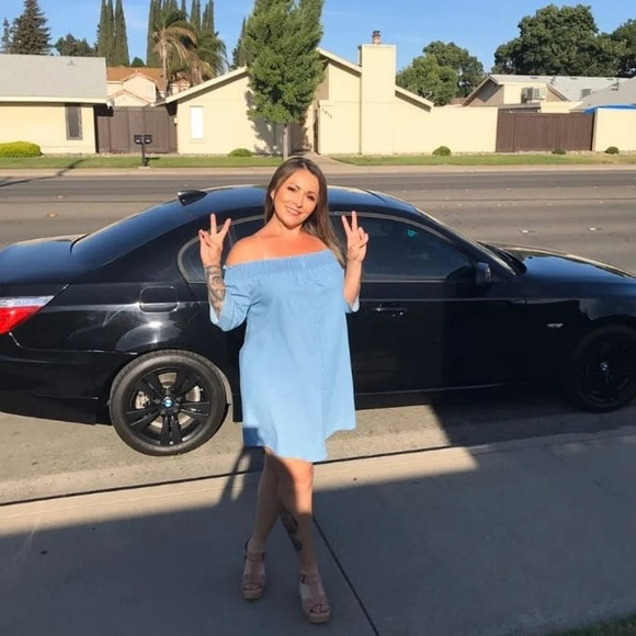 Paper Crane Smocked lightweight denim mini Tunic Sundress off shoulder M blue - Picture 1 of 8